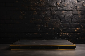 Wall Mural - Empty black podium on floor with black brick wall background for display of products, Minimal scene for product display presentation.