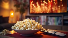 Popcorn In A Glass Bowl And Remote Control In Front Of The TV In A Home Interior. Watching TV Shows And Series, Cable TV Background