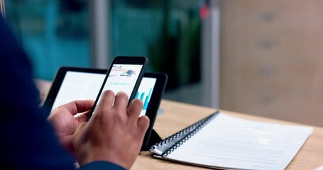 Poster - Phone, website and hands of business person scroll for data analysis, financial trade and mobile app. Fintech, corporate and worker on smartphone screen with graphs, charts and analytics on tablet