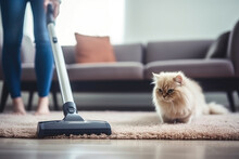 Woman Using A Vacuum Cleaner While Cleaning Carpet In The House. Vacuuming Cat Hair