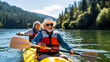 © Kateryna - Two retirees enjoying a day of kayaking, paddling through tranquil waters, elderly couples