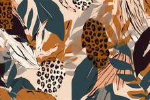 Hand Drawn Abstract Floral Pattern With Leopard Print. Creative Collage Contemporary Seamless Pattern. Natural Colors. Fashionable Template For, Generative AI