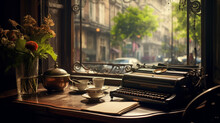 Typewriter With Flowers And Pen, A Vintage Cafe In A Bustling European Street, A Cozy Corner With An Antique Typewriter, AI Generative