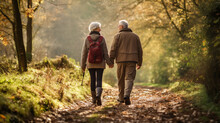An Elderly Pair Embarking On A Nature Hike, Holding Hands As They Explore The Great Outdoors, Elderly Couples