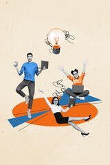 Poster - Creative poster collage of excited funny young office woman man electric bulb working employee solution brainstorming education decision
