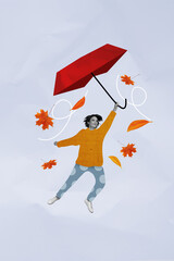 Vertical creative illustration composite photo collage of happy positive woman hold umbrella flying in sky isolated drawing background
