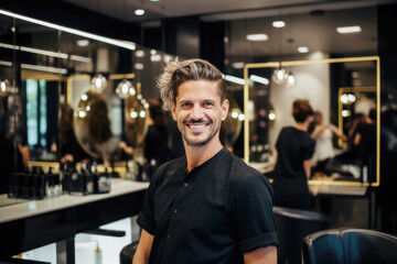 Wall Mural - Portrait of handsome guy hairstylist. Proud owner standing in front of his modern hairdressing salon, confident entrepreneur, small business owner