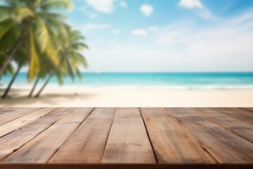 Sticker - Wooden table top on blurred tropical beach background - can be used for display or montage your products. Background layout