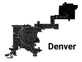 Wall Mural - Denver city map, United States. Municipal administrative borders, black and white area map with rivers and roads, parks and railways.