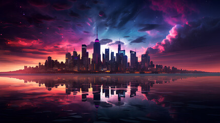 Wall Mural - modern futuristic panorama of the city with skyscrapers and lights