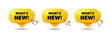 © blankstock - Whats new tag. Click here buttons. Special offer sign. New arrivals symbol. Whats new speech bubble chat message. Talk box infographics. Vector