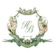 Painted wedding monogram HB, BH initial watercolor floral crest. Watercolor pale yellow flowers, deep green leaves, and crest boundary frame vector illustration template.