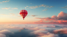Red Hot Air Balloon Above The Clouds In The Sky