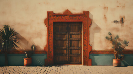 Wall Mural - wooden door with red wall