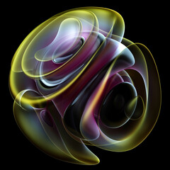 3d render abstract art surreal alien flower ball or sphere in curve wavy round and spherical lines forms in transparent plastic material with glowing yellow color and purple core on black background