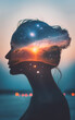 Double exposure photo, woman and universe blend together,galaxy, nebula,human and nature, peace of mind,abstract mentation,meditation,contemplative,philosophy,universe, brain, silhouett