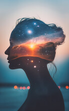 Double Exposure Photo, Woman And Universe Blend Together,galaxy, Nebula,human And Nature, Peace Of Mind,abstract Mentation,meditation,contemplative,philosophy