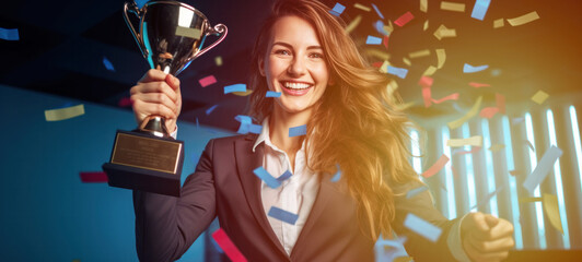 businesswoman holding champion golden trophy for winner, success and achievement award in business f