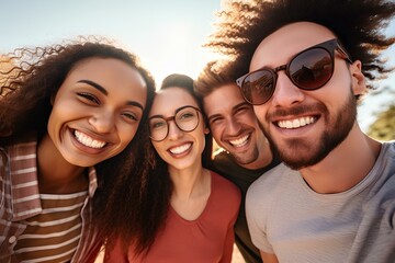 Wall Mural - Multicultural group of friends taking selfie picture outside, Happy young people smiling at camera together. Friendship concept in city street. generative AI