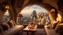 A Cave Inspired Room With A Balcony Offering Panoramic Vistas Of The Unique Rock Formations, Cappadocia, Turkey, 16:9