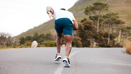 Canvas Print - Fitness, race or runner running on road by nature for exercise, training or outdoor workout. Back view, fast black man or active athlete on street with endurance, freedom or sports challenge on hill