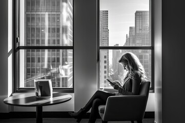 Young successful business woman working inside modern office building, woman using tablet computer smiling and happy.