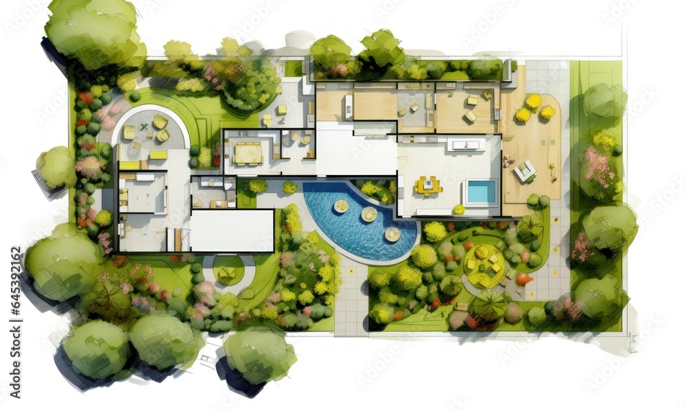 2d model of a garden paved with a lot of plants and garden in front ...