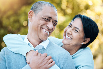 Sticker - Happy smile and senior couple hugging in park laughing for comic, comedy or funny joke in conversation. Love, nature and elderly man and woman in retirement bonding and having fun together in field.