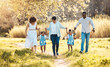© Anela/peopleimages.com - Walking, holding hands and family generations in nature at an outdoor park together for bonding. Love, fun and children with grandmother and parents in a green garden on weekend trip or holiday.