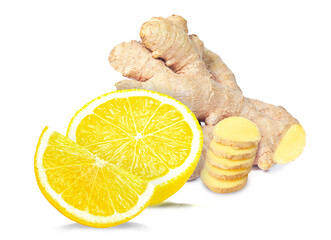 Wall Mural - ginger rhizome and lemon isolated on white background