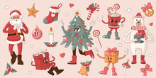 Groovy Hippie Merry Christmas And Happy New Year Set Of Cartoon Characters And Elements. Collection Of Trendy Retro Stickers: Santa Claus, Christmas Tree, Gifts, Peace, Cocoa, Sock, Candies And Decor.