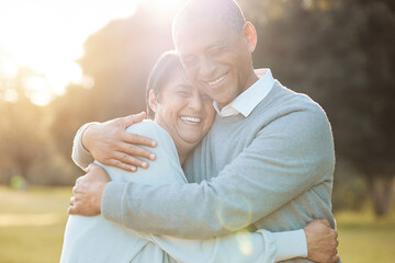 Sticker - Nature, smile and senior couple hugging with love, care and romance on a date in outdoor park. Happy, laughing and elderly man and woman in retirement embracing, talking and bonding together in field