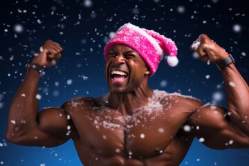 Poster - dark-skinned muscular man screaming in santa claus hat with snow on blue background.