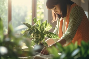 Poster - A woman takes care of flowers in a pot.