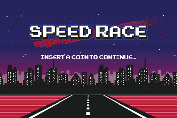 Poster - pixel art phrase Speed race. Retro game interface