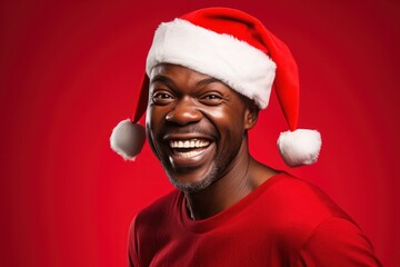 Poster - dark-skinned man Santa Claus on red background.