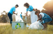 © Anela/peopleimages.com - Nature, community service and family recycle, cleaning garbage pollution and support environment, volunteering or help. People teamwork, child and plastic clean up, charity project or recycling trash