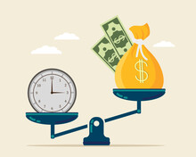 Vector Watches And Money Are On Scales. The Concept Of Weighing Time And Money To Find A Balance In Life.
