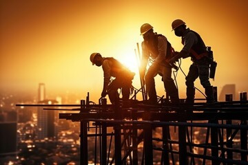Silhouette construction work during sunset time industry construction building concept