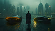 © goami - man in dark futuristic cyberpunk city, fantasy and sci fi, generative AI