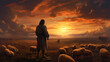 pastor de ovelhas em lindo por do sol 