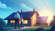illustration of happy family of father and daughter stay by eco friendly house with solar panels, sustainable renewable energy concept, generative AI