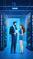 Wall Mural - two engineer technician provide maintenance in server room, man and woman check database, generative AI