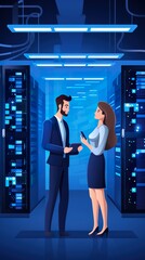 Wall Mural - two engineer technician provide maintenance in server room, man and woman check database, generative AI