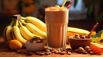 Wall Mural - Banana chocolate peanut butter smoothie, Bright color. Generative Ai