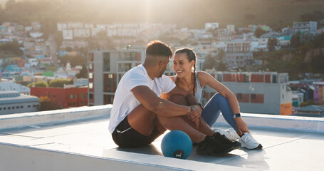 Sticker - Fitness, rest and happy couple outdoor for exercise, workout or training together on a city building rooftop. Man and woman on urban break with medicine ball, conversation or health and wellness