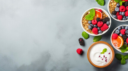 photorealistic, top view,Two healthy breakfast bowl with ingredients granola fruits Greek yogurt and berries top view. Weight loss, healthy lifestyle and eating concept. Healty food concept. Healthy b