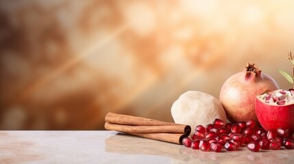  a table topped with pomegranates and cinnamon sticks.  generative ai