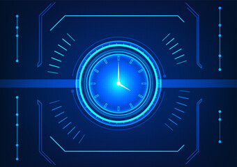 Poster - Time technology The clock is in the center surrounded by circles and elements. The concept of time allocation within the organization to achieve goals in the time that customers want.