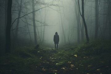 Poster - Silhouette of a man in the forest in the fog.